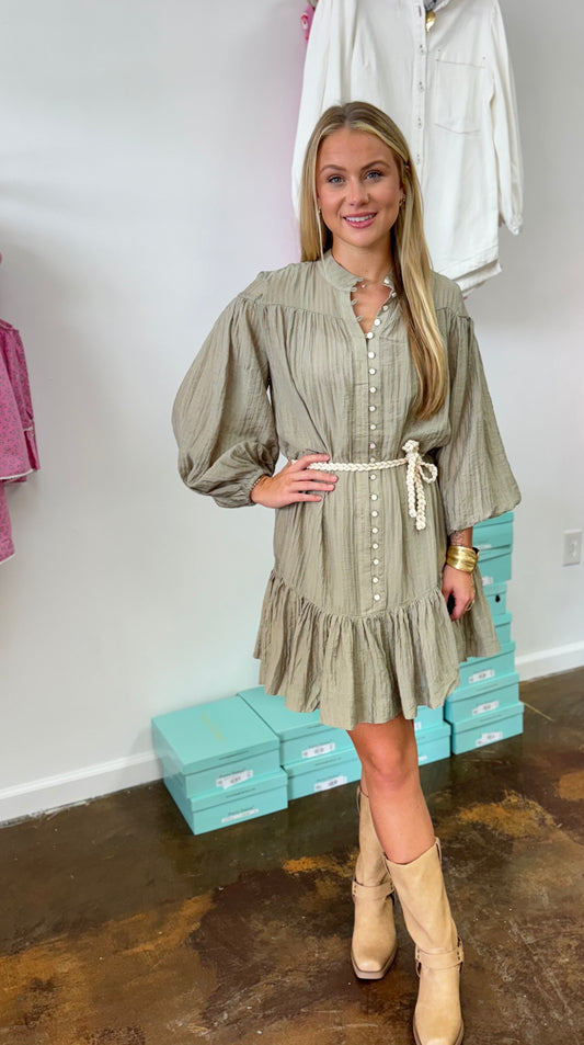 Solid Button Rope Tie Dress