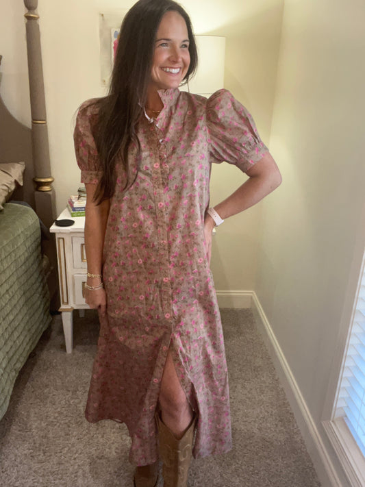 Camel Midi Dress with Pink Florals