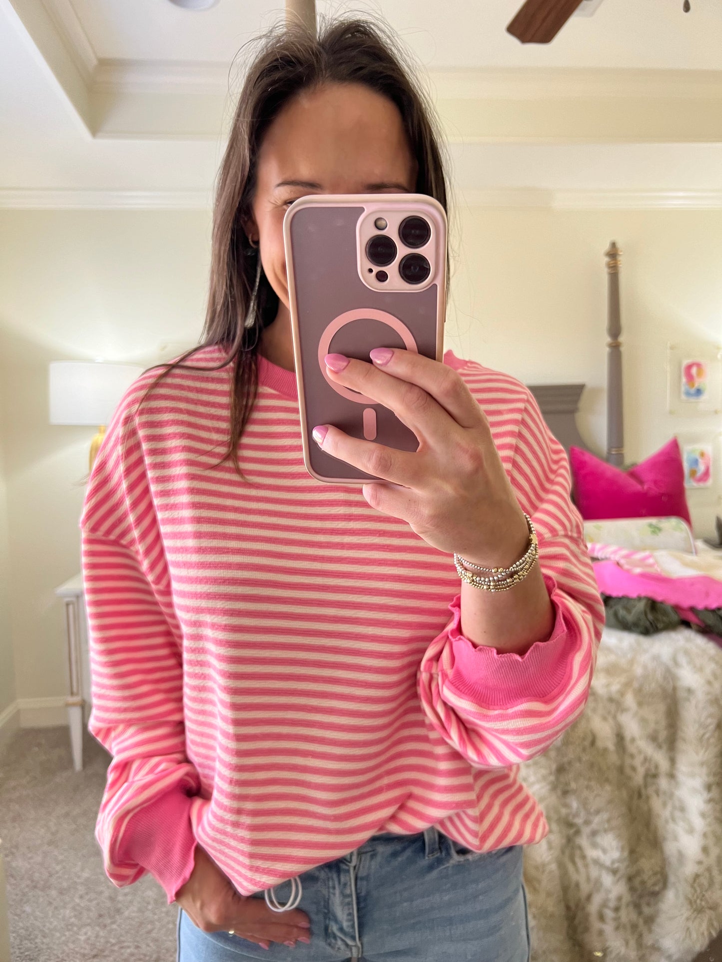 Pink/white Stripe Long Sleeve Top