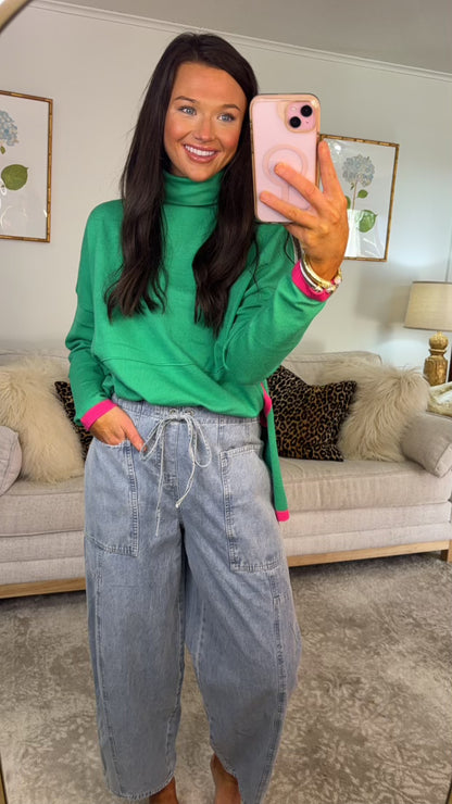 Green/Pink Colorblock Turtleneck Sweater