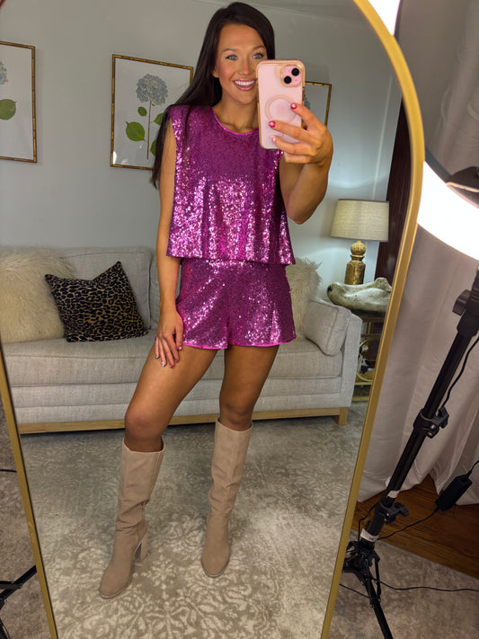 Pink Sequin Top and Shorts Set