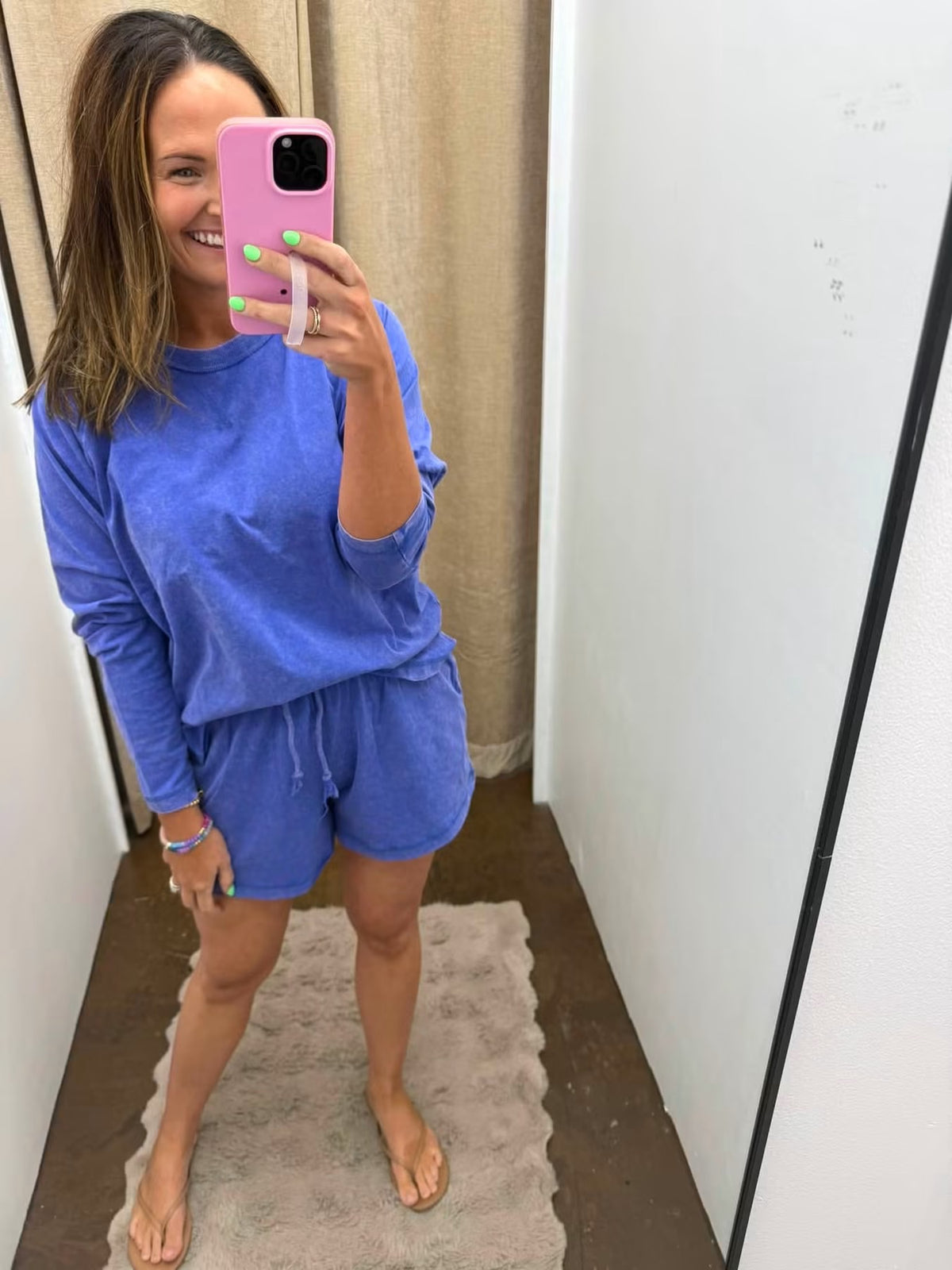 Mineral Wash Long Sleeve Raw Edge Top & Shorts Set - Cobalt