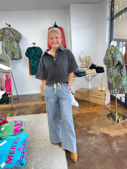 Off White/Denim Pants with Leopard Accent