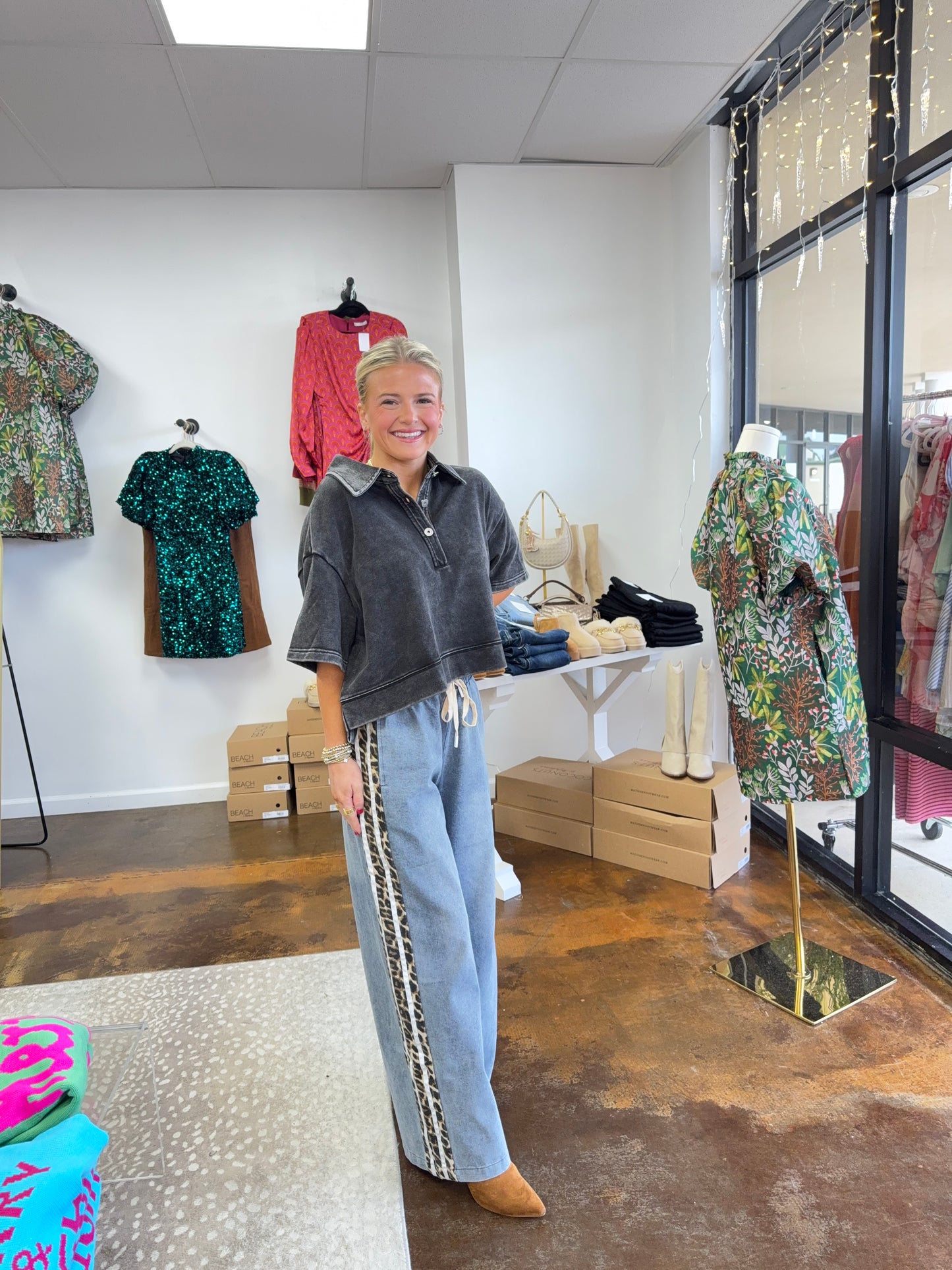 Off White/Denim Pants with Leopard Accent