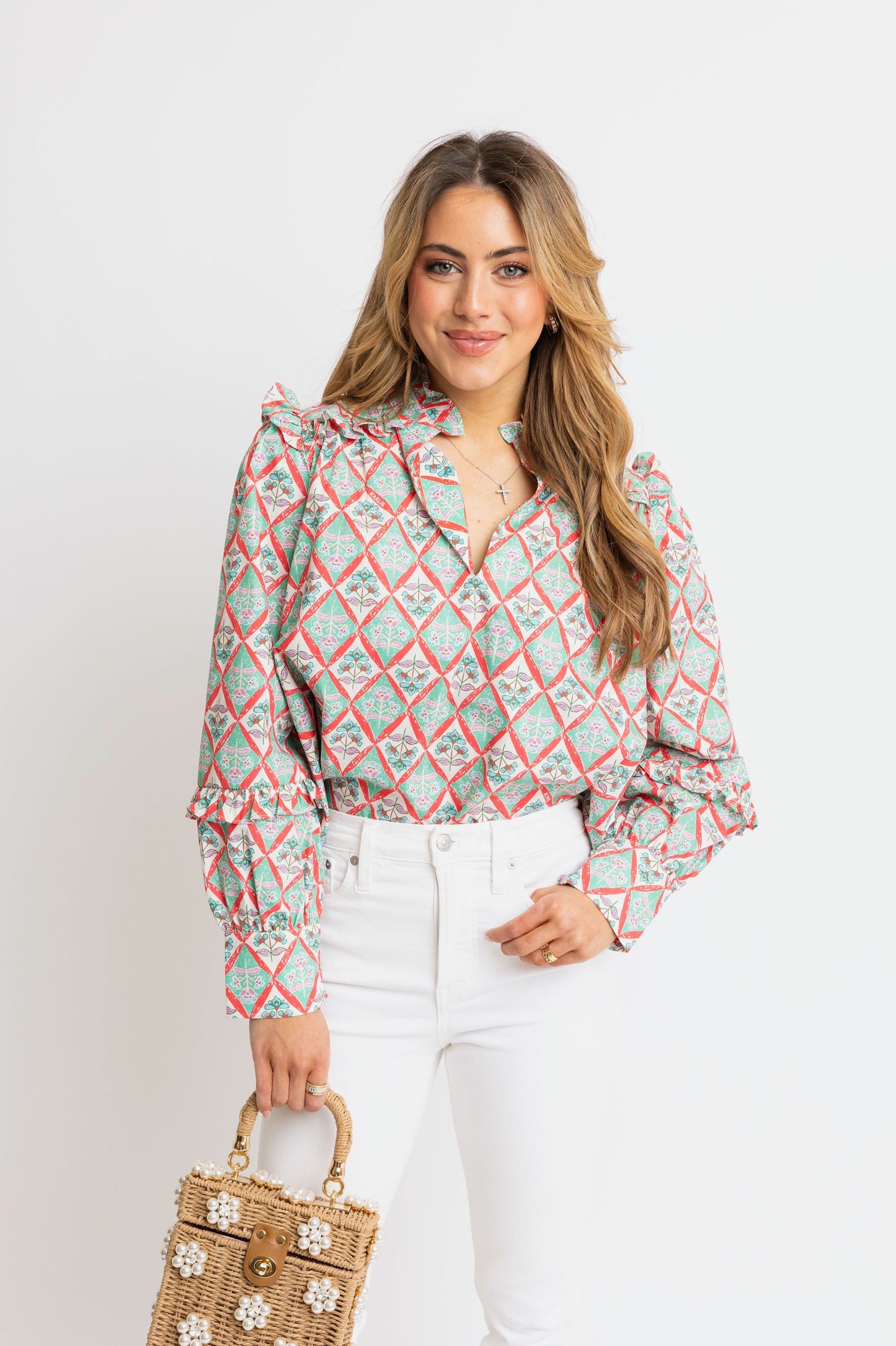 Paris Floral Vneck Ruffle Slv Top