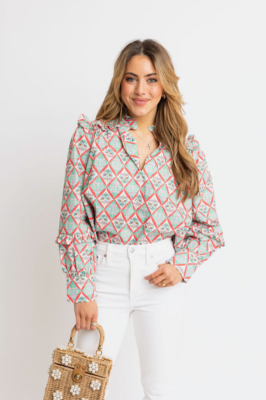 Paris Floral Vneck Ruffle Slv Top