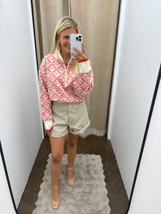 Cream/Orange Multi Quarter Zip Sweater
