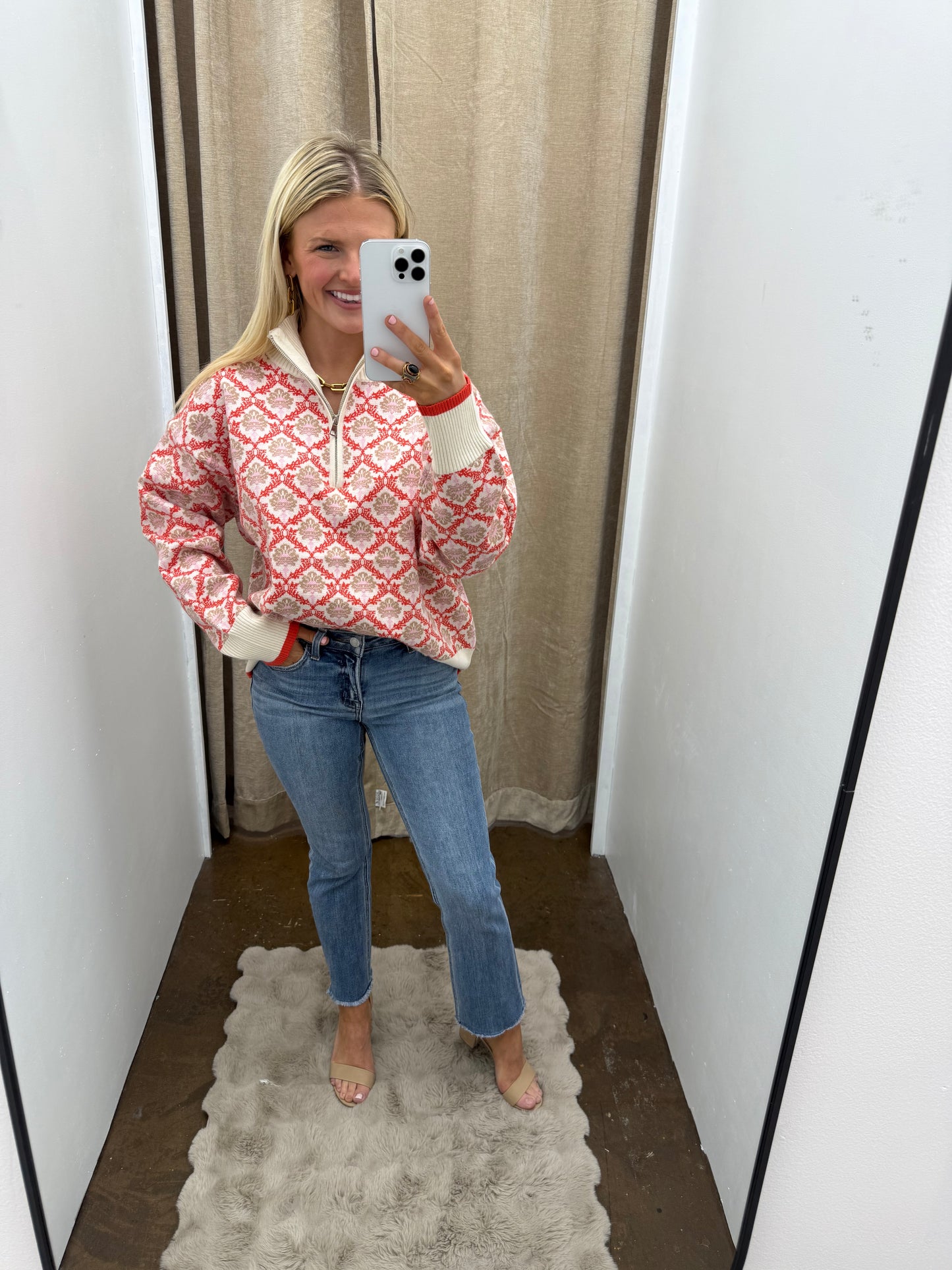 Cream/Orange Multi Quarter Zip Sweater