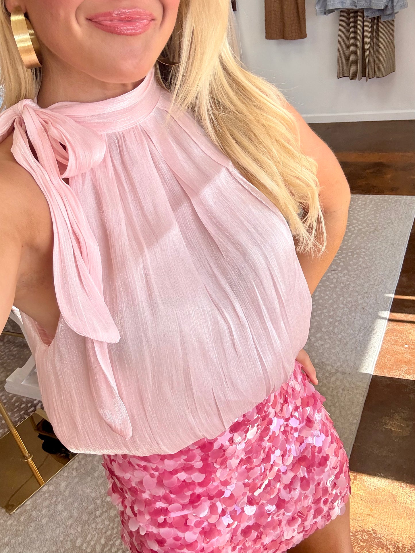 Mere Pink Shimmer Halter Top with Neck Bow