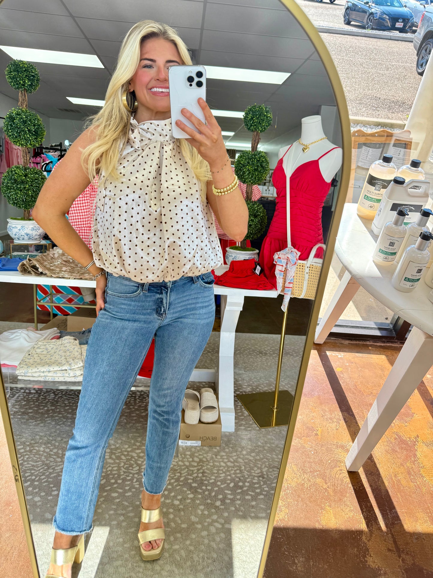 Mere Cream Shimmer Brown Dot Halter Top with Neck Bow