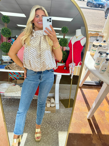 Mere Cream Shimmer Brown Dot Halter Top with Neck Bow
