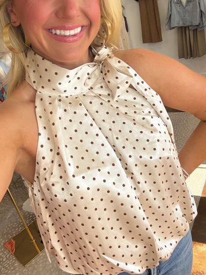 Mere Cream Shimmer Brown Dot Halter Top with Neck Bow