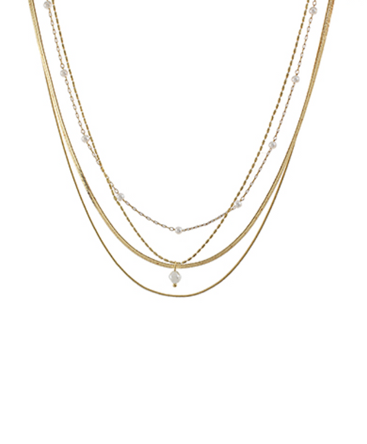 4 Layered Pearl & Chain Necklaceaux Pearl * Lobster Clasp * 16" L