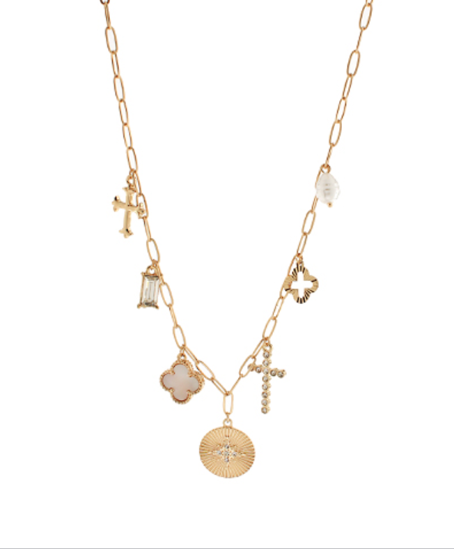 Coin & Pearl Multi Charm Necklace