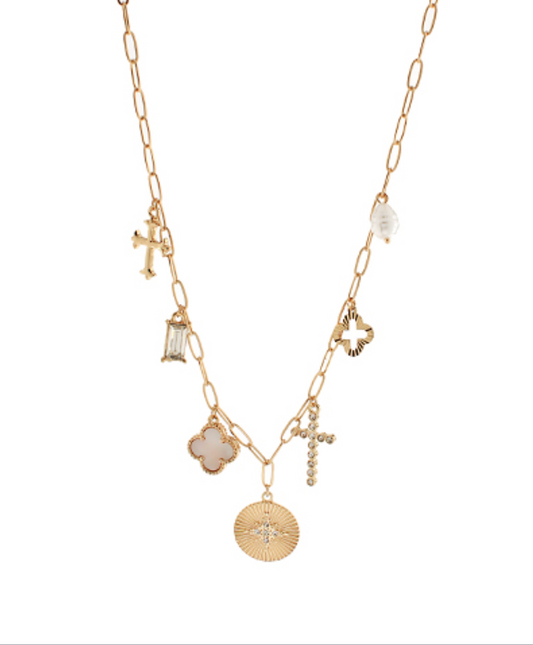 Coin & Pearl Multi Charm Necklace