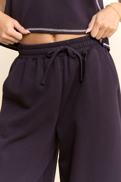 CONTRAST STITCHES TOP ELASTIC WAIST PANTS SET