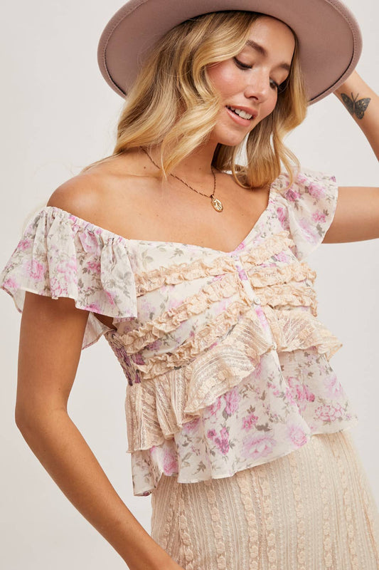 FLORAL PRINT RUFFLE with LACE TRIM- SKIRT SET