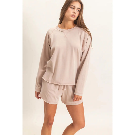 Mineral Wash Long Sleeve Raw Edge Top & Shorts Set - Dark Taupe