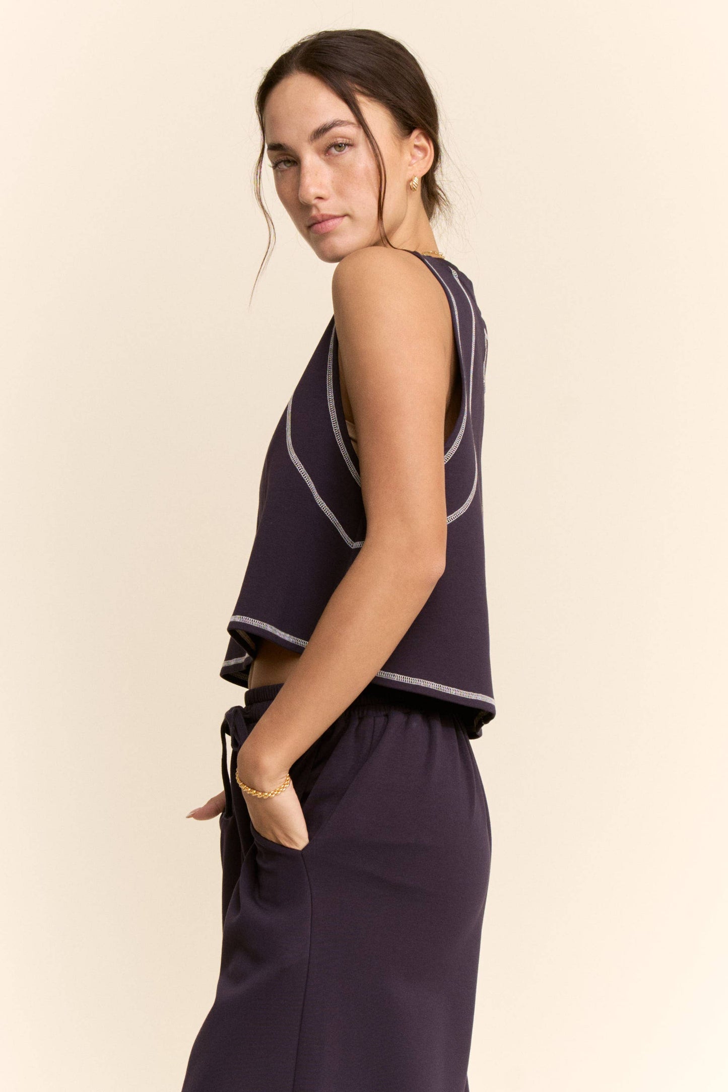 CONTRAST STITCHES TOP ELASTIC WAIST PANTS SET