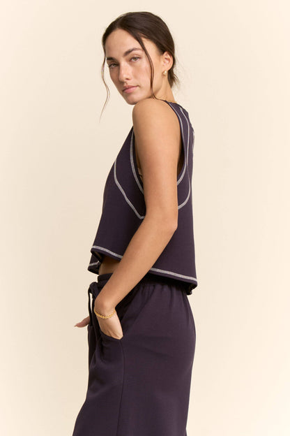 CONTRAST STITCHES TOP ELASTIC WAIST PANTS SET