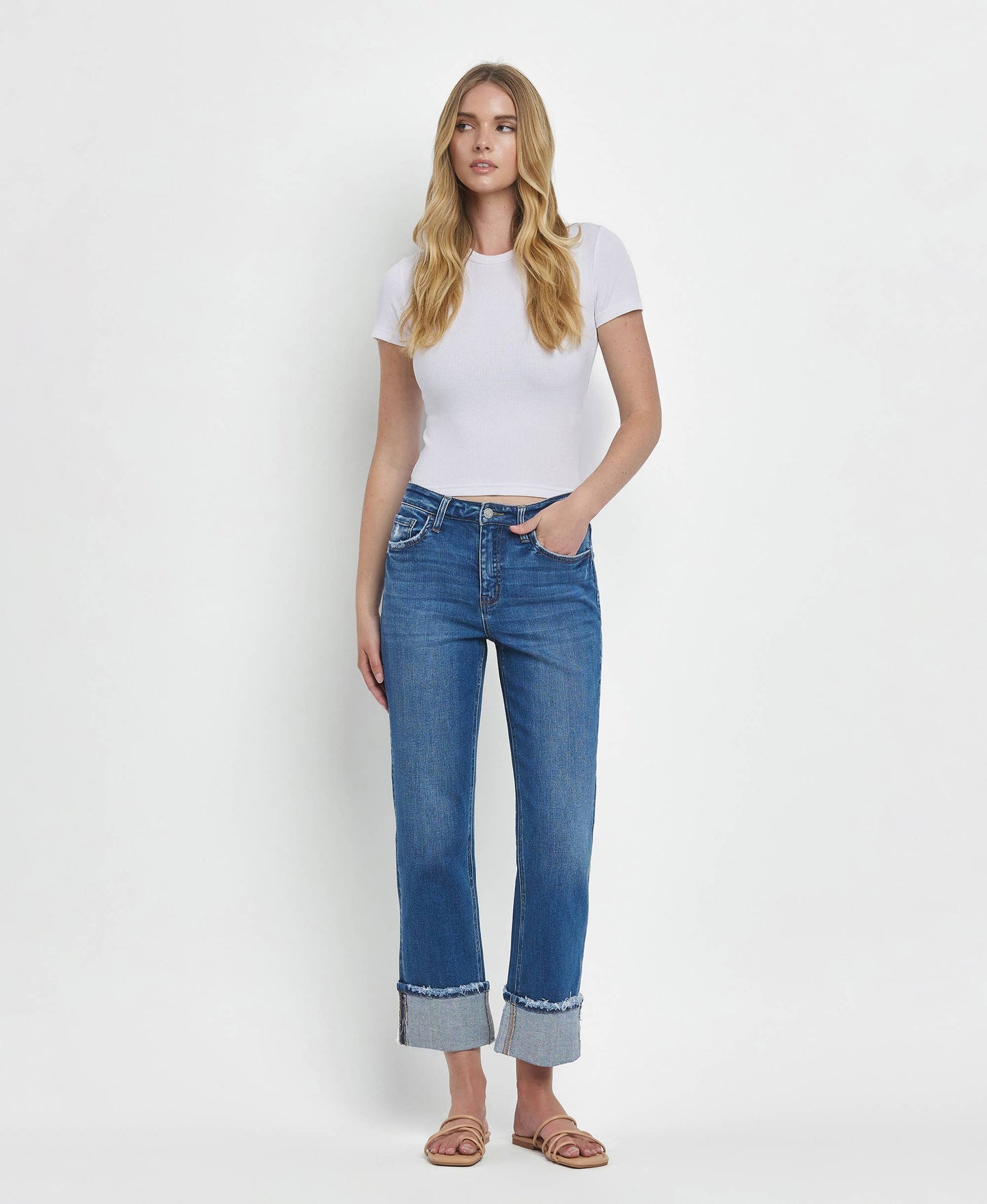 HIGH RISE CUFFED STRAIGHT JEANS