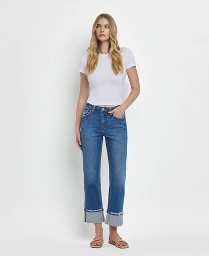 HIGH RISE CUFFED STRAIGHT JEANS