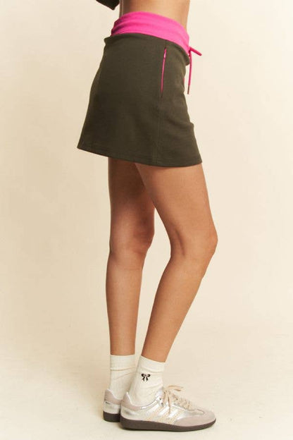 TWO TONE KNIT WAST BAND CASUAL SPORTY MINI SKIRT