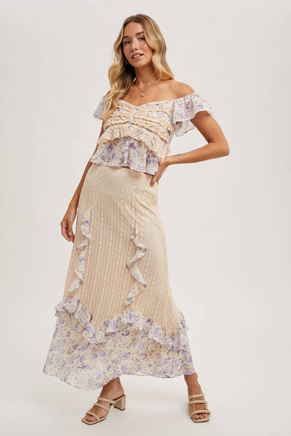 FLORAL PRINT RUFFLE with LACE TRIM- SKIRT SET