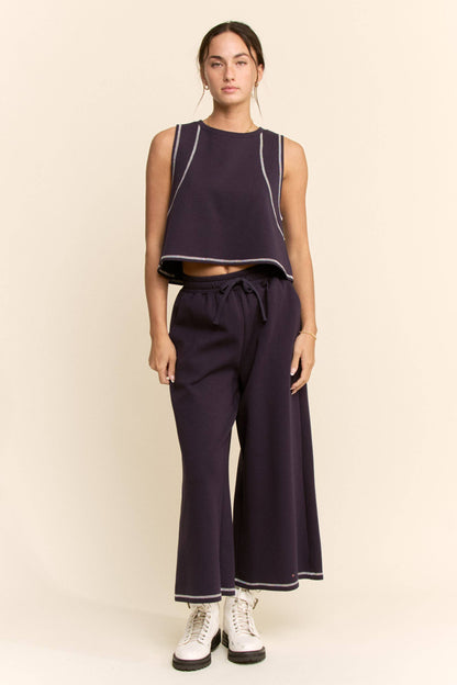 CONTRAST STITCHES TOP ELASTIC WAIST PANTS SET