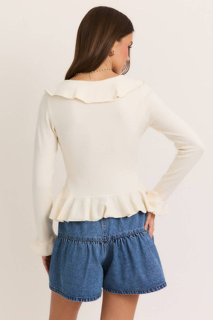 LONG SLEEVE V-NECK RUFFLED SWEATER