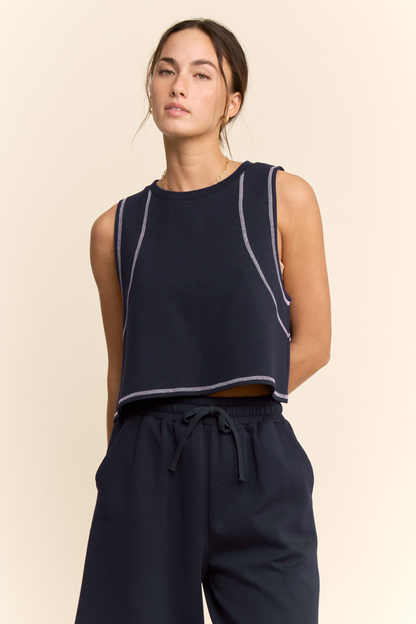 CONTRAST STITCHES TOP ELASTIC WAIST PANTS SET