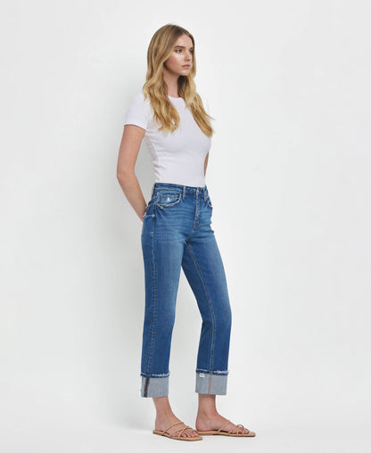 HIGH RISE CUFFED STRAIGHT JEANS