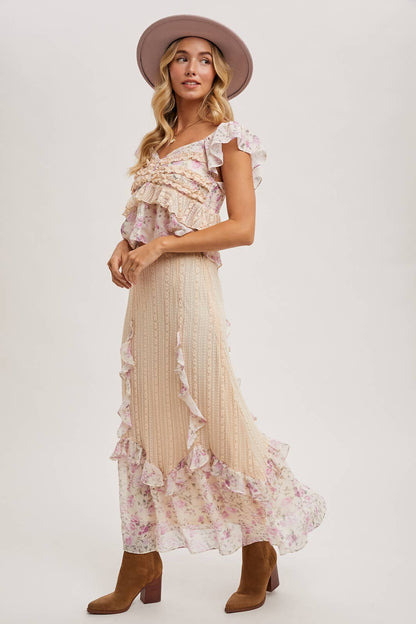 FLORAL PRINT RUFFLE with LACE TRIM- SKIRT SET