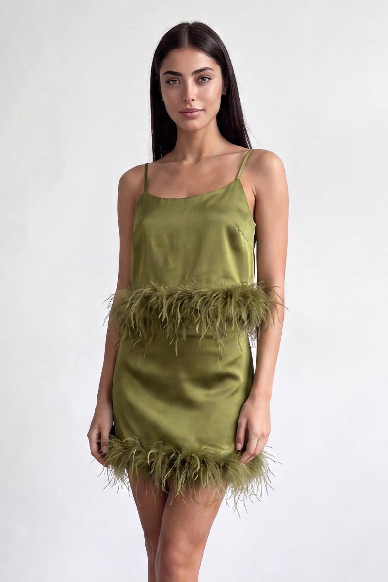 CHIC FUR TRIM SATIN CAMI CROP TOP