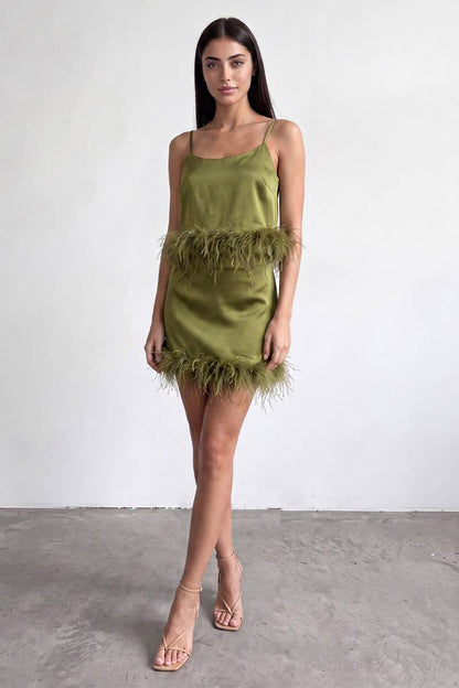 CHIC FUR TRIM SATIN MINI SKIRT