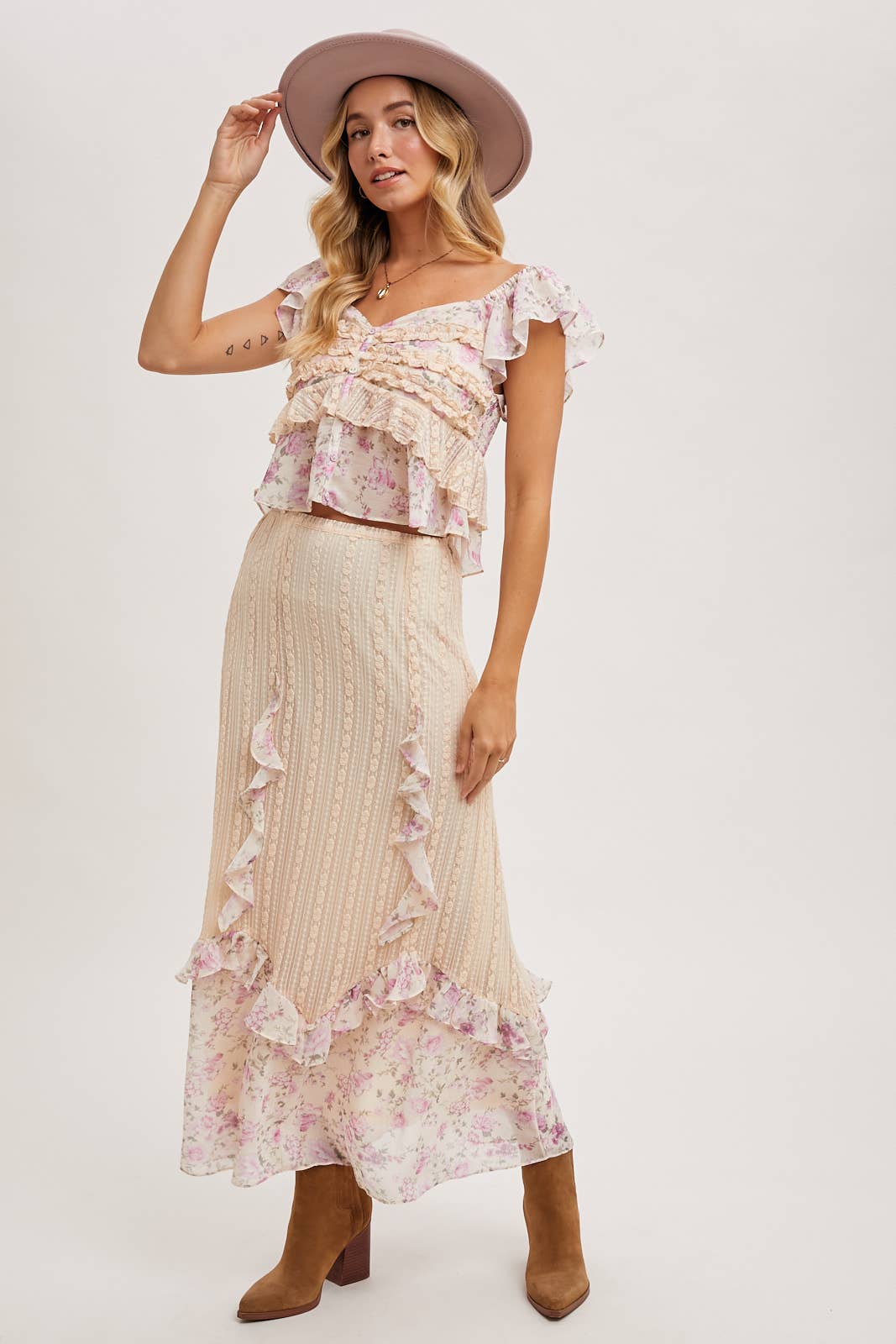 FLORAL PRINT RUFFLE with LACE TRIM- SKIRT SET